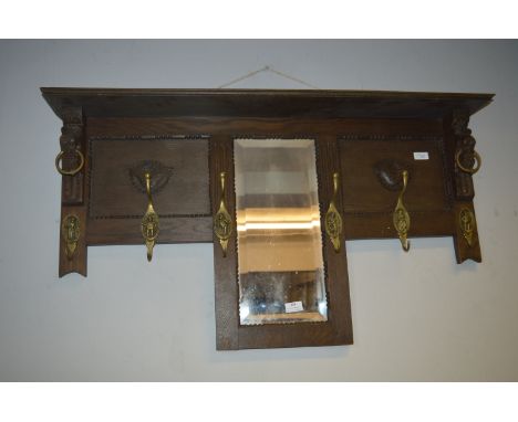 Wall Mounted Oak Shelf Six Hook Coat Rack with Central Mirror 