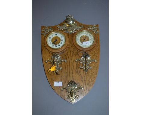 Decorative Wall Mounted Barometer Clock with Brass Coat Hooks on Oak Shield Panel Back  