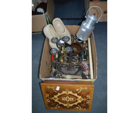 Box Containing Wrought Metal Magazine Rack, Candle Stand, Trinket Box, Clogs, Milk Can, etc. 