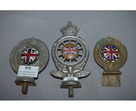 Three Royal Automobile Club Associate Mascot and Grill Badges with Union Jack Enamel Centres  