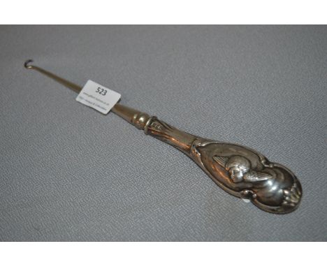 Silver Handled Button Hook with Cherub Design 