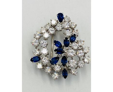 18ct white gold, diamond and sapphire brooch marked G &amp; Co, each with 30 claw set diamonds totalling approximately 6ct an