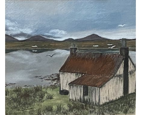 Framed and glazed pastel of an old crofts house, signed K Thomson, 34 x 26cms. Estimate £20-40.