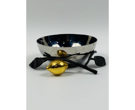 A Michael Aram silvered metal lemonwood nut dish,signed to the underside.4.5cms high x 11.5cms top rim diameter.Estimate £15-