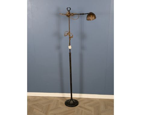 An unusual copper telescopic reading lamp with adjustable width and height, complete with original copper and gilt shell shad