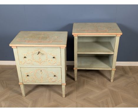 A pair of decorative Venetian style bedside chests, one with two drawers and the other with an adjustable shelf to the interi