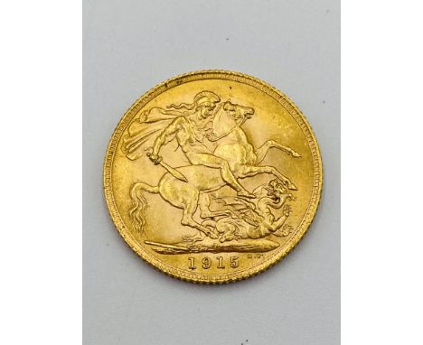 22ct gold sovereign, 1915. Estimate: £350-380.This item qualifies for in-house posting.