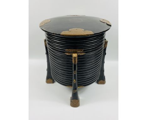 A Japanese Meiji period black lacquered cylindrical Hokkai box of typical design,shape and form,with decorative copper mounts