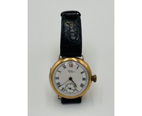 Waltham wrist watch with enamel face, set in 9ct gold case, 29g. Estimate: £60-80.This item qualifies for in-house posting.