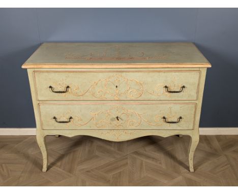 A decorative Venetian style two drawer commode chest of drawers, painted upon a pale turquoise ground with salmon pink highli