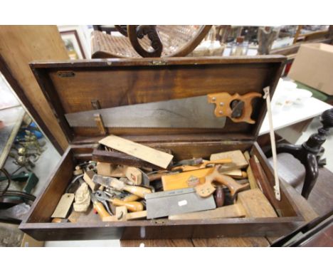 Wooden Tool chest with a selection of vintage hand Tools including Marples