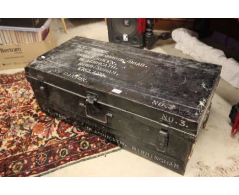 Early 20th century Black Tin Trunk with various names and P & O Stickers, etc