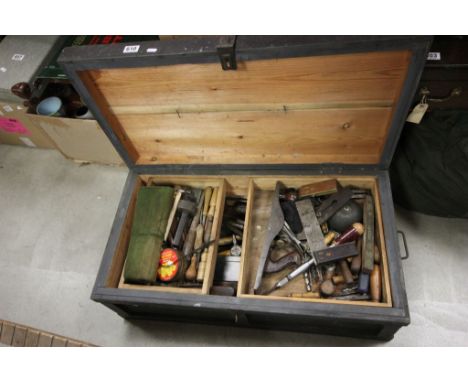 Large wooden Tool chest of vintage hand tools