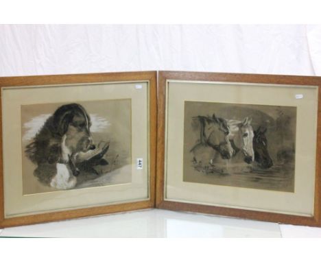 Two framed & glazed Charcoal sketches to include a Hunting dog with Game bird in mouth and three Horses drinking from a troug