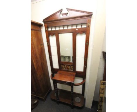 Late Victorian Mahogany Hall Cloak / Stick Stand with central mirror flanked by coat hooks above a glove compartment