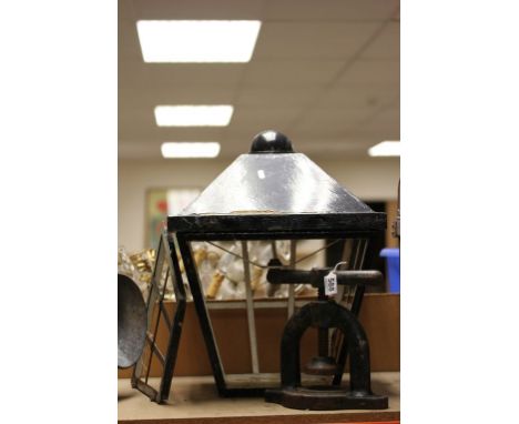 Large vintage Metal outside light frame and a cast Iron Book press
