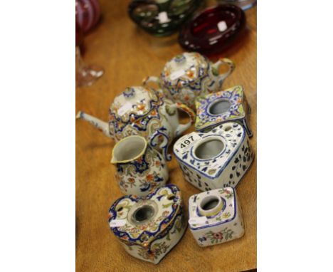 Collection of Faience Tin-Glazed Pottery including Teapot, Milk Jug and Sugar Bowl and Four Inkwells