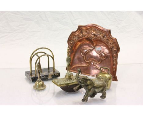 Box of vintage metalware to include an Art Nouveau copper crumb tray
