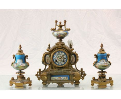 French Gilt Brass & Ceramic 19th Century clock & Garnitures with key & pendulum