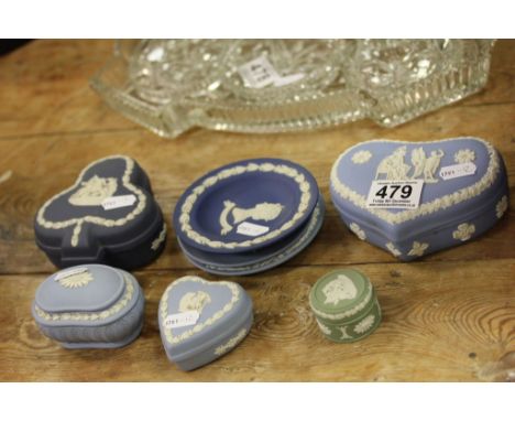 Collection of Wedgwood Jasperware in blue and green to include two heart shaped, one clover leaf shaped, and a kidney shaped 