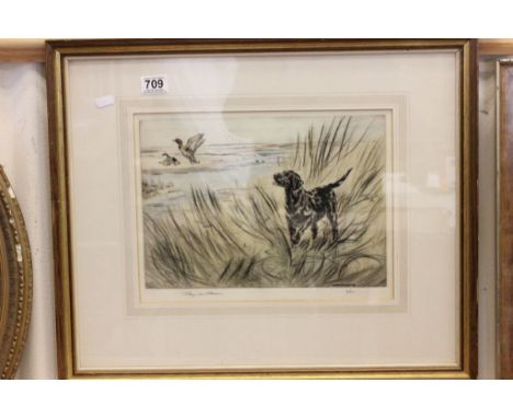 Henry Wilkinson limited edition coloured print dog flushing duck no 8/100 signed in pencil to mount.