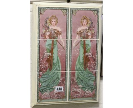 After Alphonse Mucha - A montage of ceramic tiles depicting Art Nouveau style ladies holding baskets of flowers