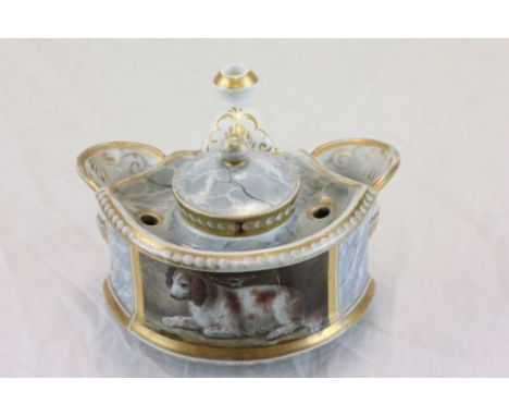 19th century Barr, Flight & Barr Worcester Ceramic Inkwell with marble effect decoration and spaniel panel