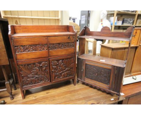 Edwardian Mahogany and Pine Small Cupboard with Carved Doors together with an Edwardian Mahogany Hanging Wall Cupboard & Shel