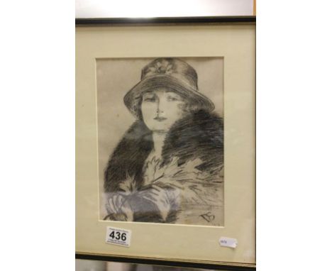 Framed & glazed Charcoal sketch of a lady, marked DS 1919
