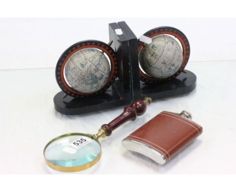 Pair of Globe Bookends, Magnifying Glass and Hip Flask