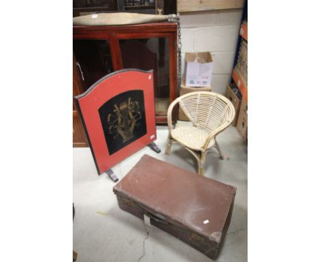Painted wooden Fire screen, a Child's wicker chair and a suitcase