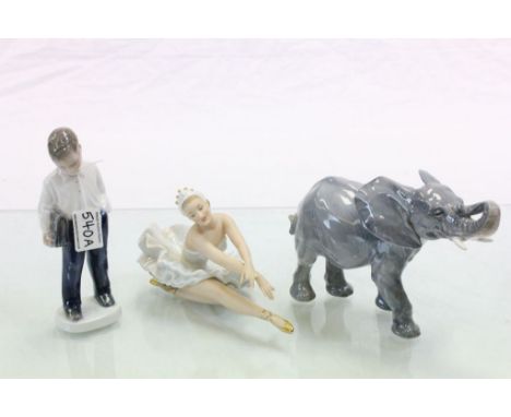 Copenhagen Handpainted Ceramic Boy with Book, Denmark Ceramic Elephant (a/f) and Denmark Ballerina no. 1764 (a/f)
