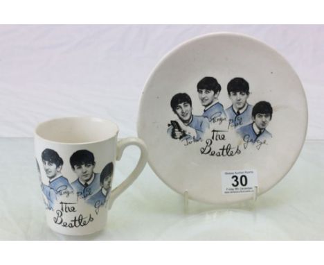 1960's ceramic mug & plate with transfer The Beatles design, with mug marked "Tams England" to base