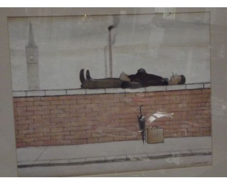 Framed Lowry print 'Man lying on a Wall'