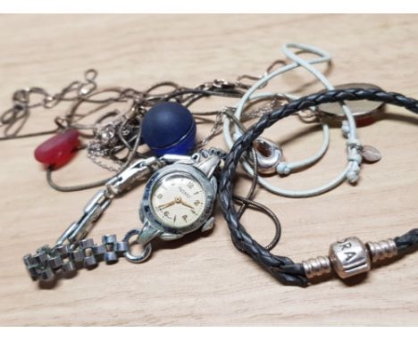 3 SEA GLASS AND SILVER PENDANTS WITH CHAINS PLUS 2 SILVER BRACELETS ALSO INCLUDES ROTARY WRISTWATCH