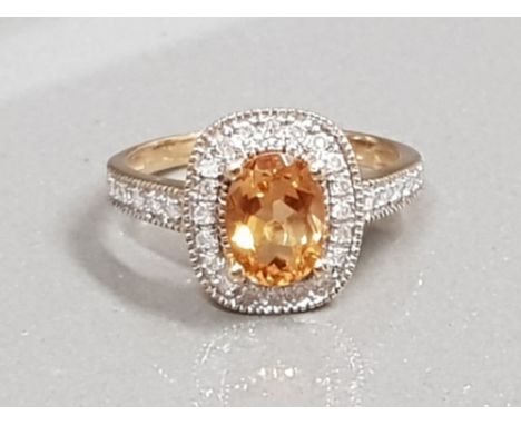 9CT GOLD OVAL CITRINE AND DIAMOND STONE RING 3G SIZE N