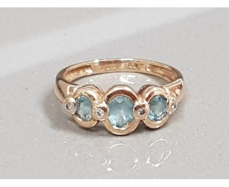 9CT GOLD AQUAMARINE THREE STONE AND DIAMOND RING 2.4G SIZE L1/2