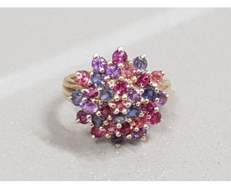 9CT GOLD PINK AND PURPLE STONE CLUSTER RING 3.4G SIZE L1/2