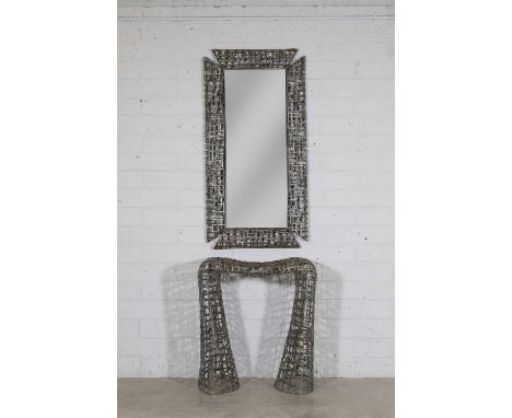 A brutalist metal console table and mirror, c.1970, Spanish, each of 'mesh' construction,table 71cm wide45cm deep44cm high,mi