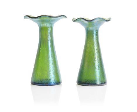 A pair of Loetz 'Papillon' iridescent glass vases, c.1900, each of conical form with a scalloped rim, with iridescent spottin