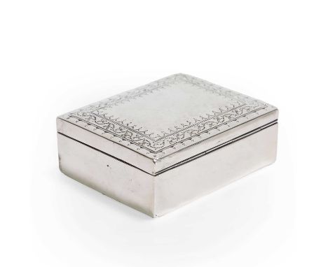 A Liberty & Co. silver cigarette box, by Liberty &amp; Co., Birmingham, 1912,of plain form, the hinged cover engraved with a 