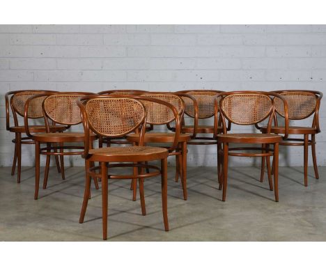 A set of eight Thonet '210R' bentwood armchairs, of recent manufacture, each with curved arms and a caned back and seat, 55cm