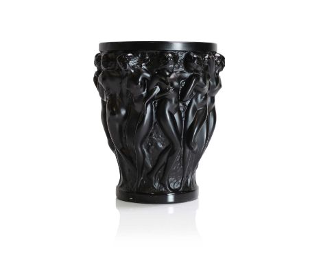 A Lalique 'Bacchantes' glass vase of recent manufacture, black glass, engraved 'Lalique France 007/999', with original box an