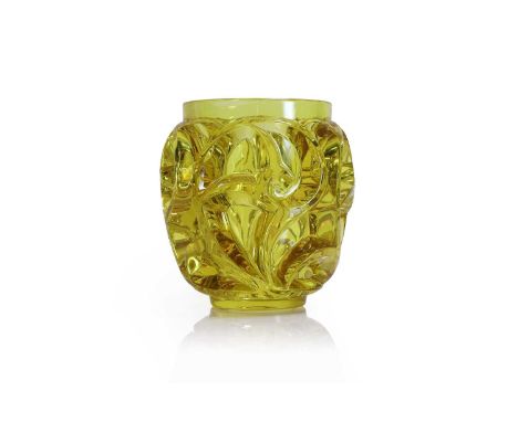 A Lalique 'Tourbillons' glass vase, of recent manufacture, yellow glass, engraved 'Lalique France 005/999', with original box