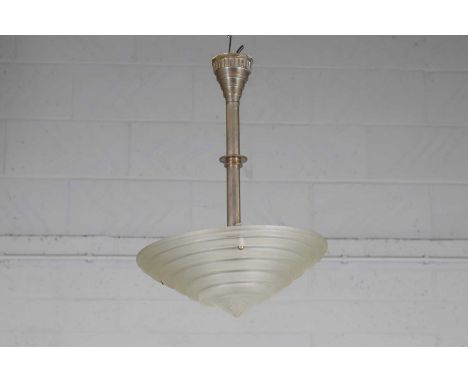 An Art Deco silvered-bronze ceiling light, c.1930, by Georges Leleu, the shade with relief-moulded decoration, moulded 'G. Le