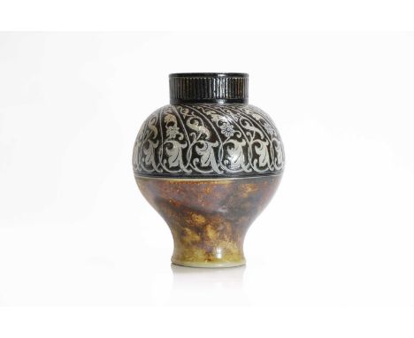 A Martin Brothers' stoneware vase, dated 1884, of bulbous form, the rim incised with hatched banding, the shoulder with spira