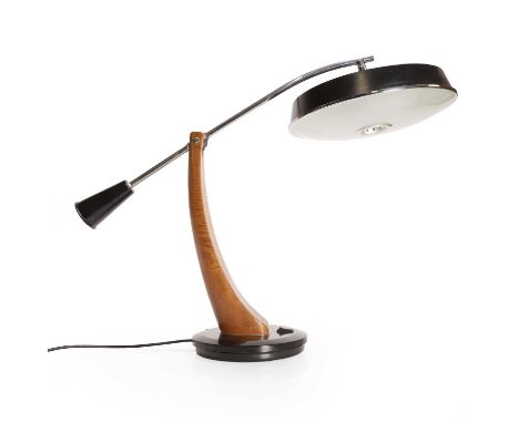 A Fase Presidente 'Pendulo' table lamp, c.1960s, the chrome counterbalance mechanism, with tapered black enamelled shade and 