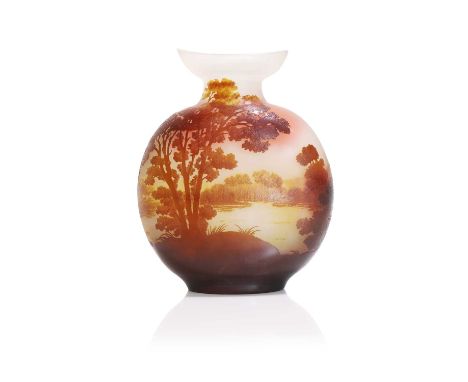 Émile Gallé (French, 1846-1904), a cameo glass 'Paysage' vase, early 20th century, of compressed moon flask form, cased and c