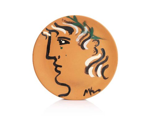 ▲ Mara Karetsos (Greek, b.1944), a painted terracotta plate, c.1970, painted with a portrait in profile, painted signature,31