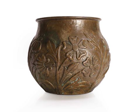 John Pearson (1859-1930), a Newlyn School polished copper urn, dated 1895, of globular form, decorated with flowers in relief